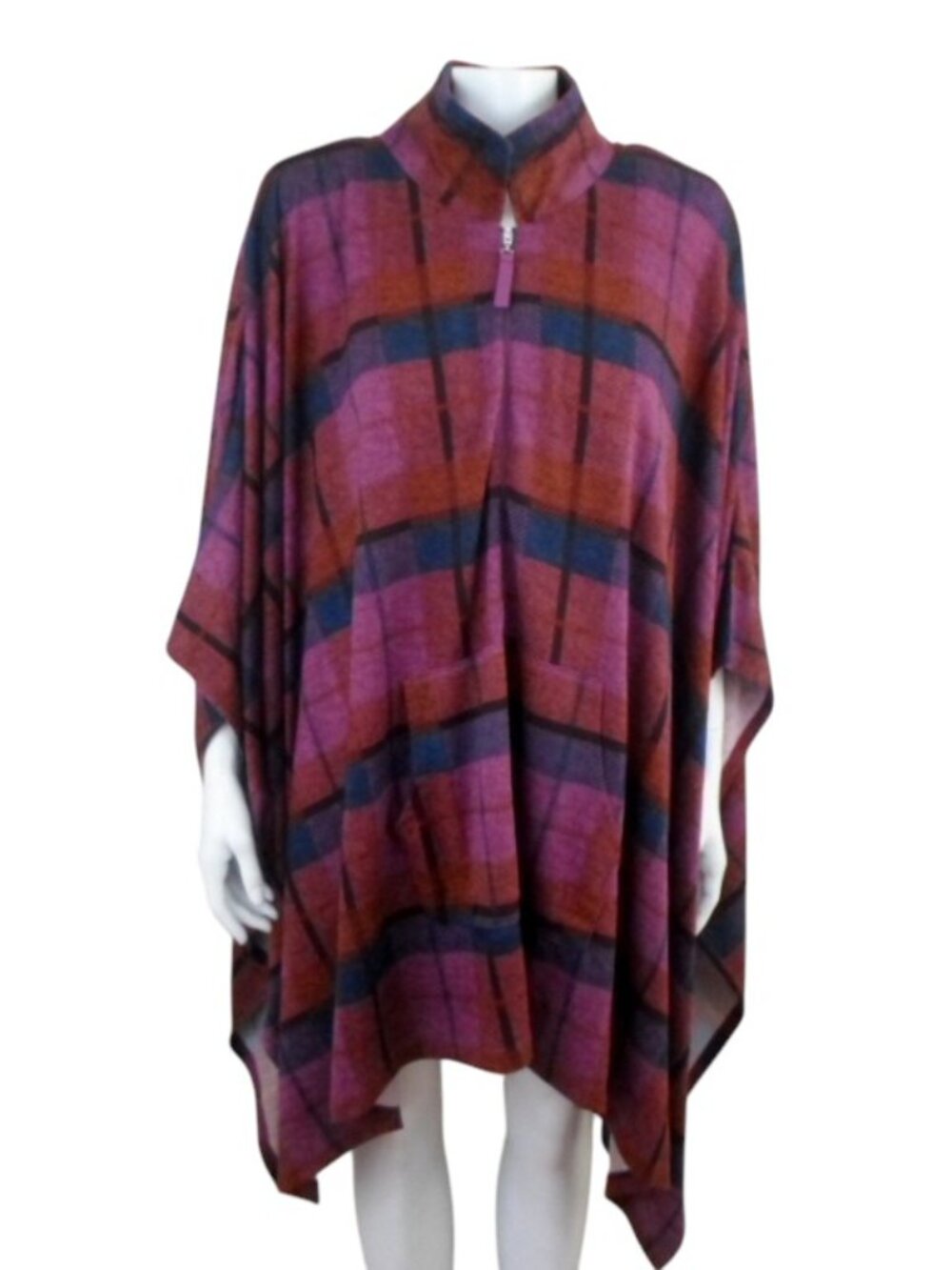Stan Herman Luxe Purple Pink Plaid Sweater Knit Half Zip Poncho Popover